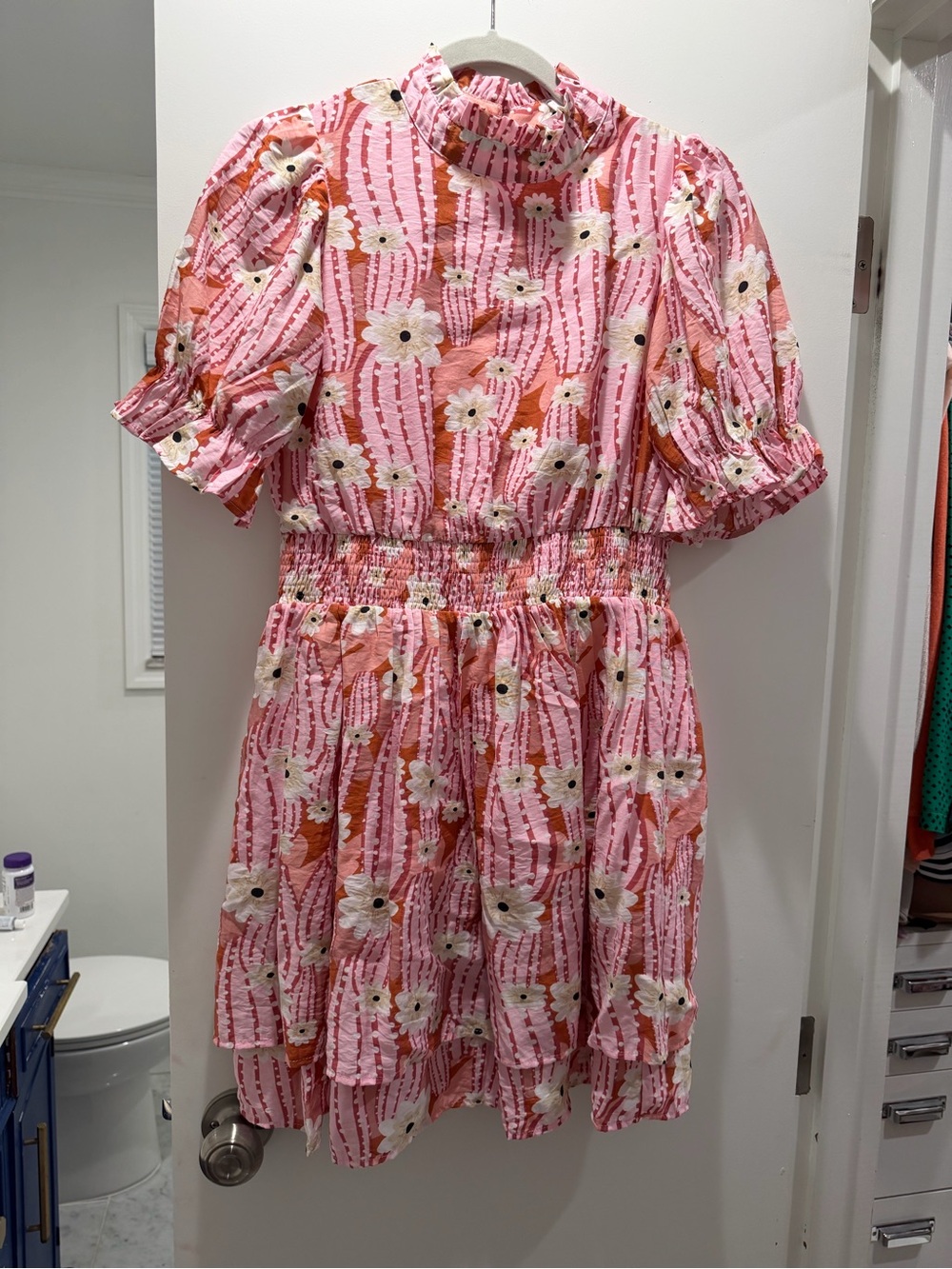 THML Pink Floral Puff Sleeve Smocked Dress